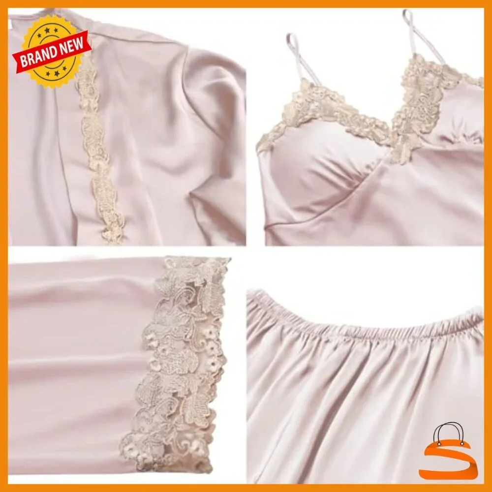 Silk Satin Pajama Set 5-Piece Lace Trim V-Neck Sleepwear Large
